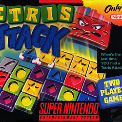 Tetris Attack game cover for Super Nintendo with colorful blocks and characters.