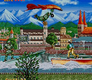 Retro arcade game scene with characters and a dragon in a colorful landscape.