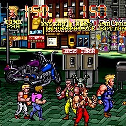 Streets of Rage 2 arcade game scene with fighters on city street.