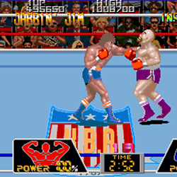 Arcade fighting game scene with two characters in combat.