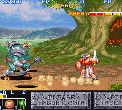 Retro game scene with armored warriors fighting near a large tree and mountain background.