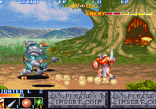 Retro game scene with armored warriors fighting near a large tree and mountain background.