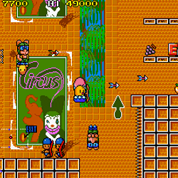 Retro arcade game scene with colorful characters and obstacles.