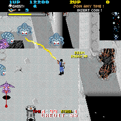 Classic arcade game Ghosts 'n Goblins gameplay with enemies and hero in action.