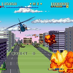 Classic arcade helicopter shooting game with cityscape background and explosions.