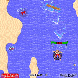 Classic beach-themed arcade game with boats, helicopters, and beach characters.