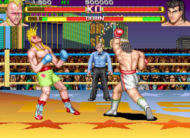Arcade fighting game scene with two fighters in a boxing ring at night.