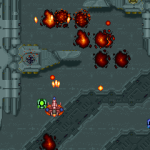 Gameplay screenshot of a classic arcade shooter game with spaceship and explosions.