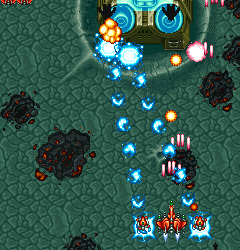 Arcade shooter game with spaceship firing at enemies and obstacles.