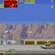 Classic arcade game Shinobi with ninjas and helicopters in action.