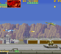 Classic arcade game Shinobi with ninjas and helicopters in action.