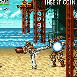 Street Fighter game screenshot featuring a character executing a high kick against an opponent on a.