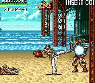 Street Fighter game screenshot featuring a character executing a high kick against an opponent on a.