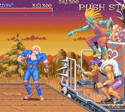 Retro fighting game scene with characters battling outdoors at sunset.