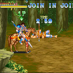 Retro arcade game screenshot featuring warriors fighting in a forest setting.