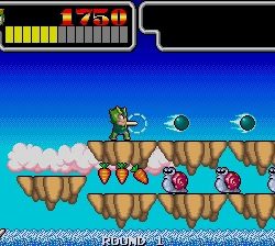 Super Frog Adventure game screenshot with jumping frog character and floating platforms.