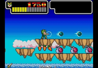Super Frog Adventure game screenshot with jumping frog character and floating platforms.