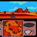 Screenshot of Wacky Races racing game with desert landscape and cartoon cars.