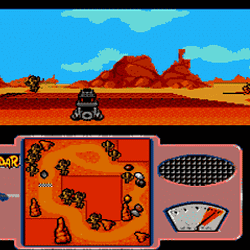 Screenshot of Wacky Races racing game with desert landscape and cartoon cars.