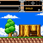 Pixel art scene from a retro adventure game with a character and treasure chest.