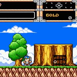 Pixel art scene from a retro adventure game with a character and treasure chest.