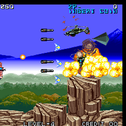 A screenshot from Battle Squadron showing fighter jets engaging in aerial combat with explosions.