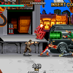 Gunstar Heroes gameplay scene with characters fighting in an urban setting.