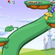 Bunny on a platform in a whimsical game environment with a castle in the background.