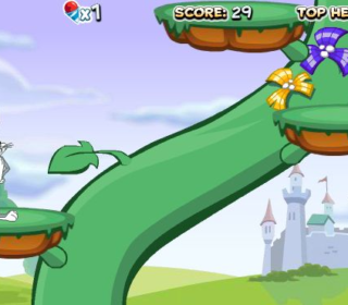 Bunny on a platform in a whimsical game environment with a castle in the background.