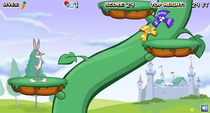 Bunny on a platform in a whimsical game environment with a castle in the background.