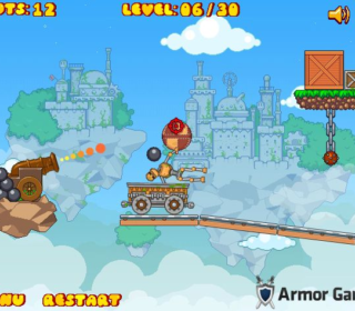 Explosive cannonball shooting game with cartoon-level graphics and obstacle challenges.