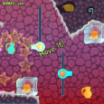 1. Cute orange fish trapped in ice cubes avoiding obstacles in a colorful puzzle game.