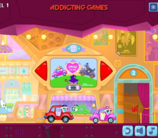 Cute colorful cartoon cars on a racing game screen, vibrant gaming scene from Adding Games.