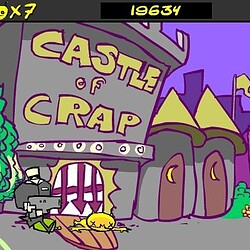 Castle of Crap game cartoon-style illustration with quirky castle and cartoon characters.