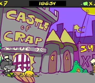 Castle of Crap game cartoon-style illustration with quirky castle and cartoon characters.