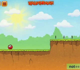 Colorful animated ball character in a platformer game with a sunny outdoor background.