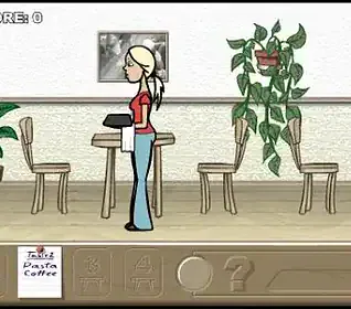 Hidden object game in a cozy café setting with woman and man sitting at tables.