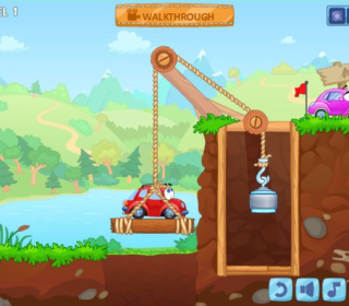 Bridge Builder puzzle game with cars and physics challenge.