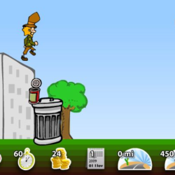 Hero jumps over trash can in a cityscape scene.