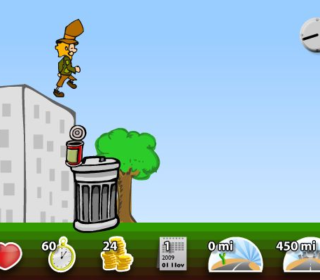 Hero jumps over trash can in a cityscape scene.