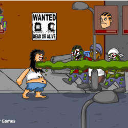 Explosive zombie attack game scene with cartoon zombies and a wanted poster.