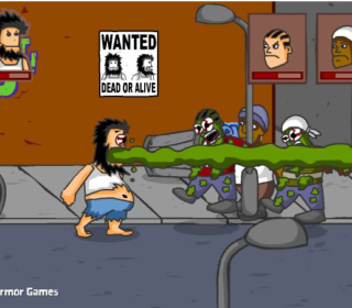 Explosive zombie attack game scene with cartoon zombies and a wanted poster.