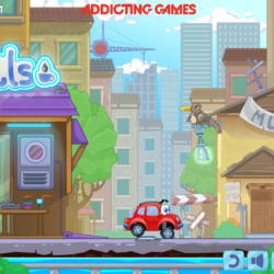 Colorful cityscape with a cartoon red car, bird, and museum in the background for addictive browser games.