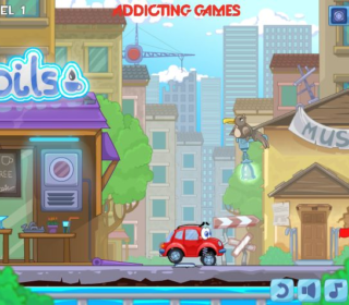 Colorful cityscape with a cartoon red car, bird, and museum in the background for addictive browser games.