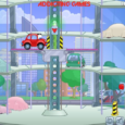 1. Red cartoon car at parking lot high-rise with city view, addictive car parking game.