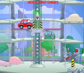 1. Red cartoon car at parking lot high-rise with city view, addictive car parking game.
