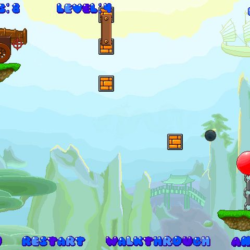 Cannon shooting game with brick obstacles and chain balloon in a colorful landscape.