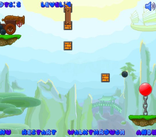 Cannon shooting game with brick obstacles and chain balloon in a colorful landscape.