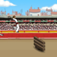 Bullfighting game with matador and bull in an arena setting.