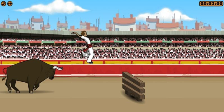 Bullfighting game with matador and bull in an arena setting.